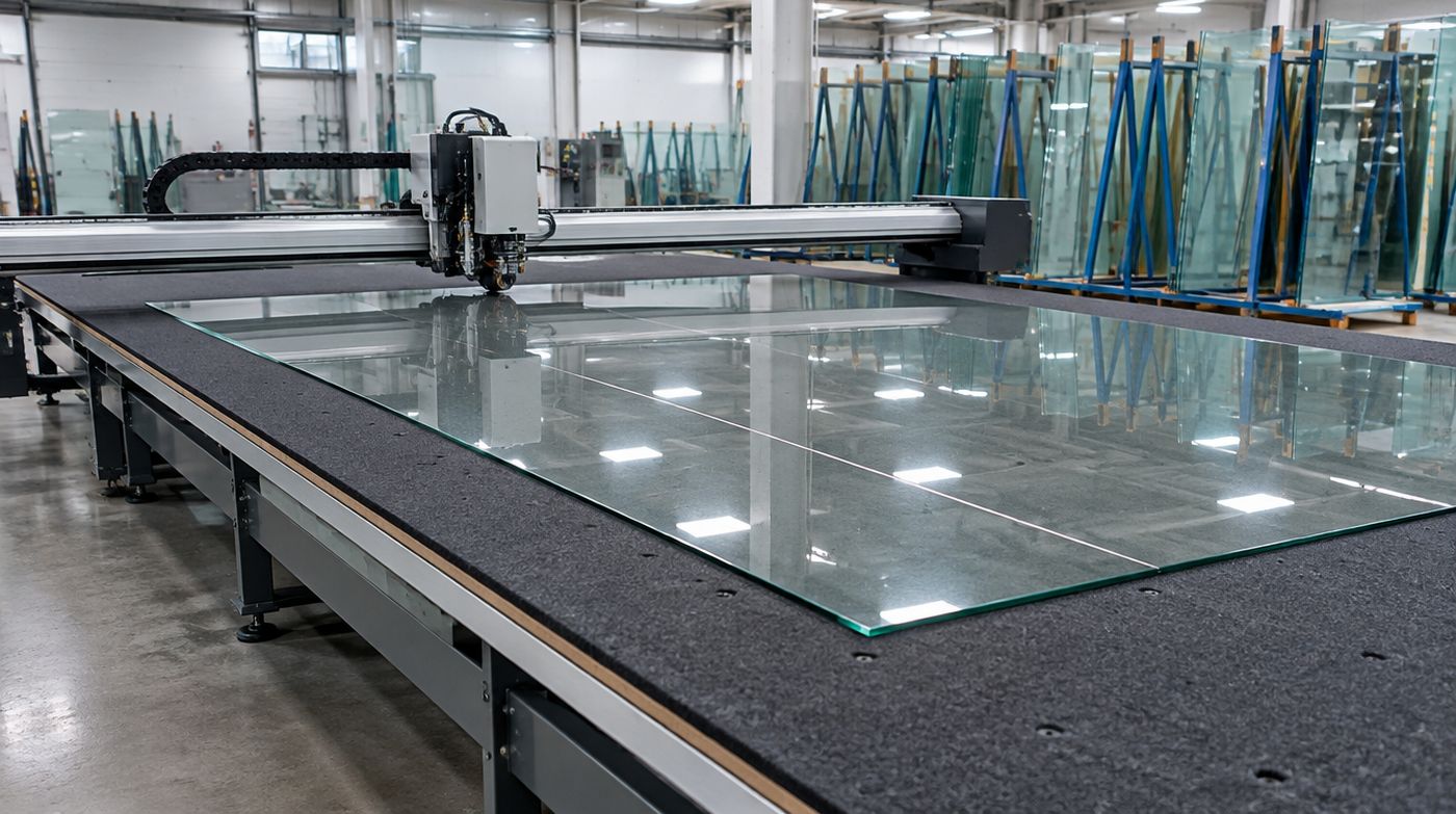 A computer controlled glass cutting table with a sheet of float glass on the bed and a scored line across it