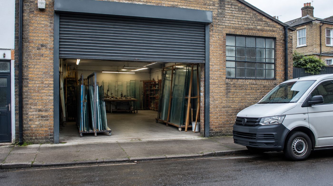 A small local glass workshop frontage on a London side street with the shutter half open