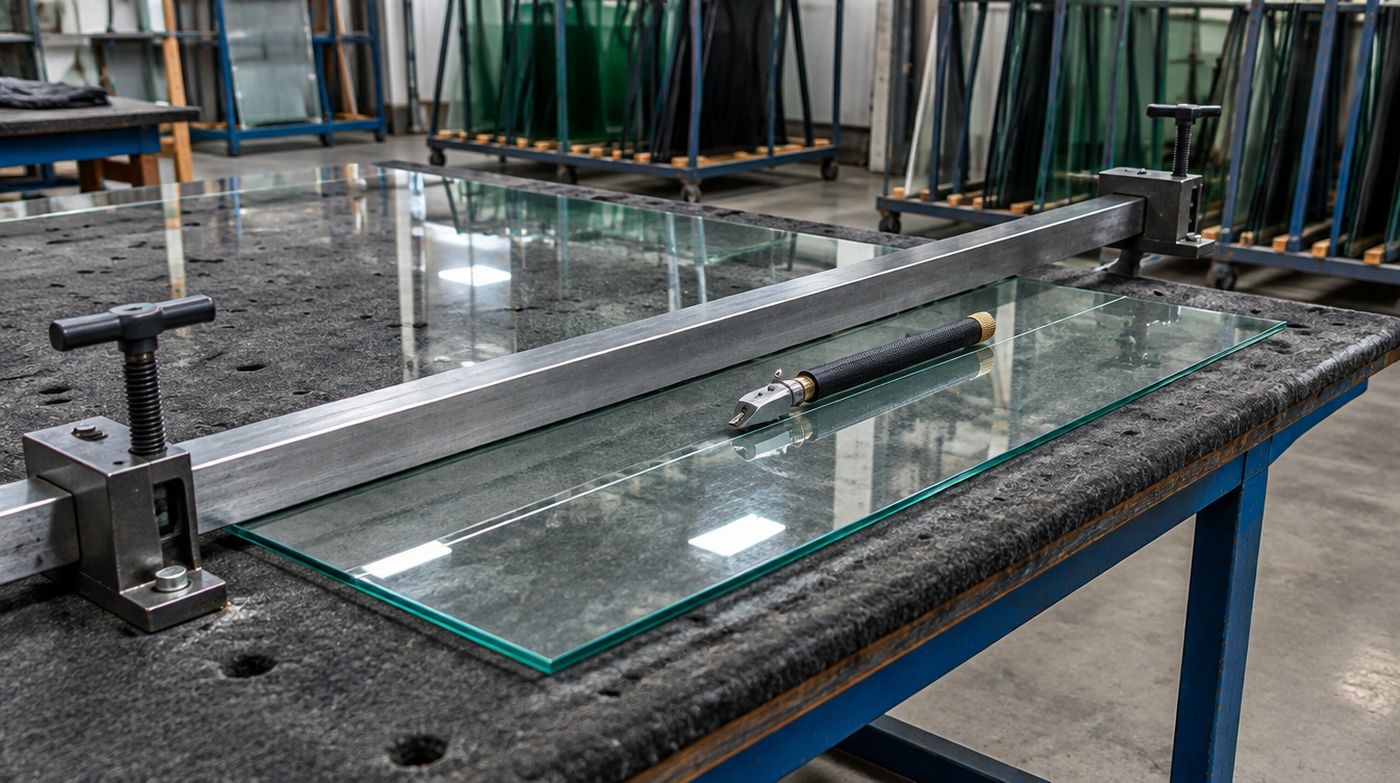 A glazier's cutting bench with a straight edge clamped across float glass and a cutting wheel part way along the score