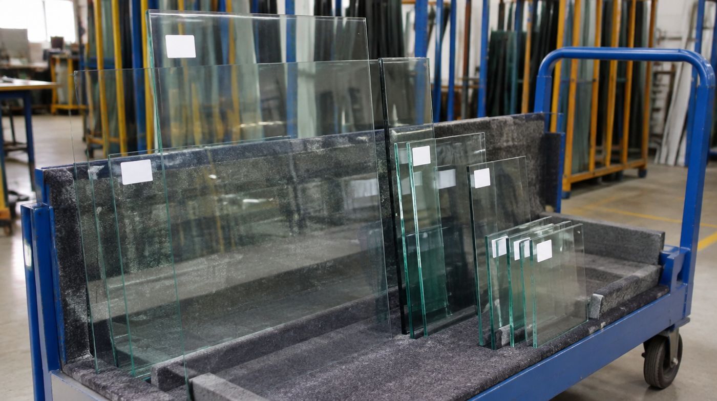 Freshly cut panes of different sizes standing labelled in a padded trolley, ready for collection