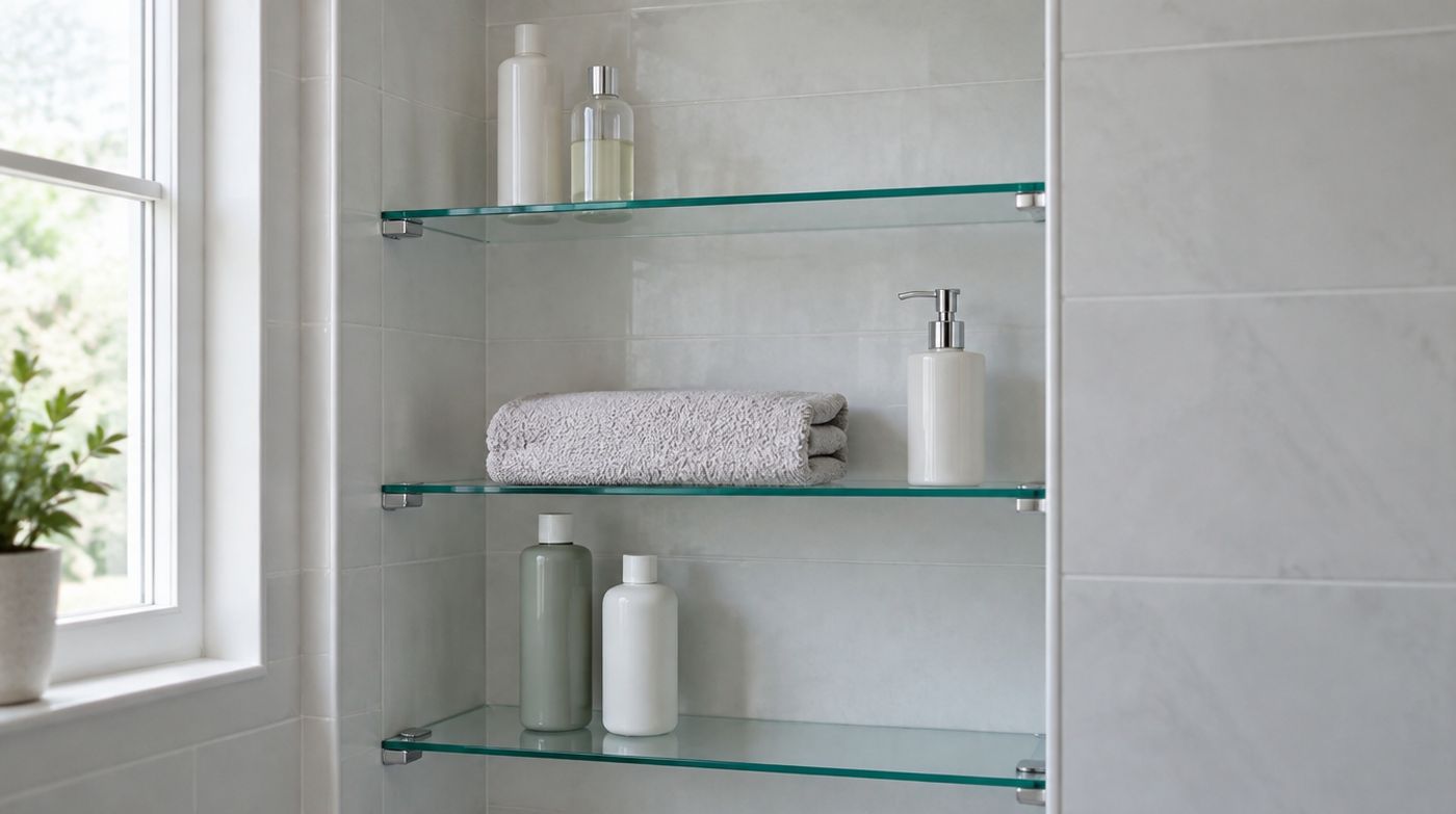 Clear glass shelves on slim chrome brackets in a tiled bathroom alcove