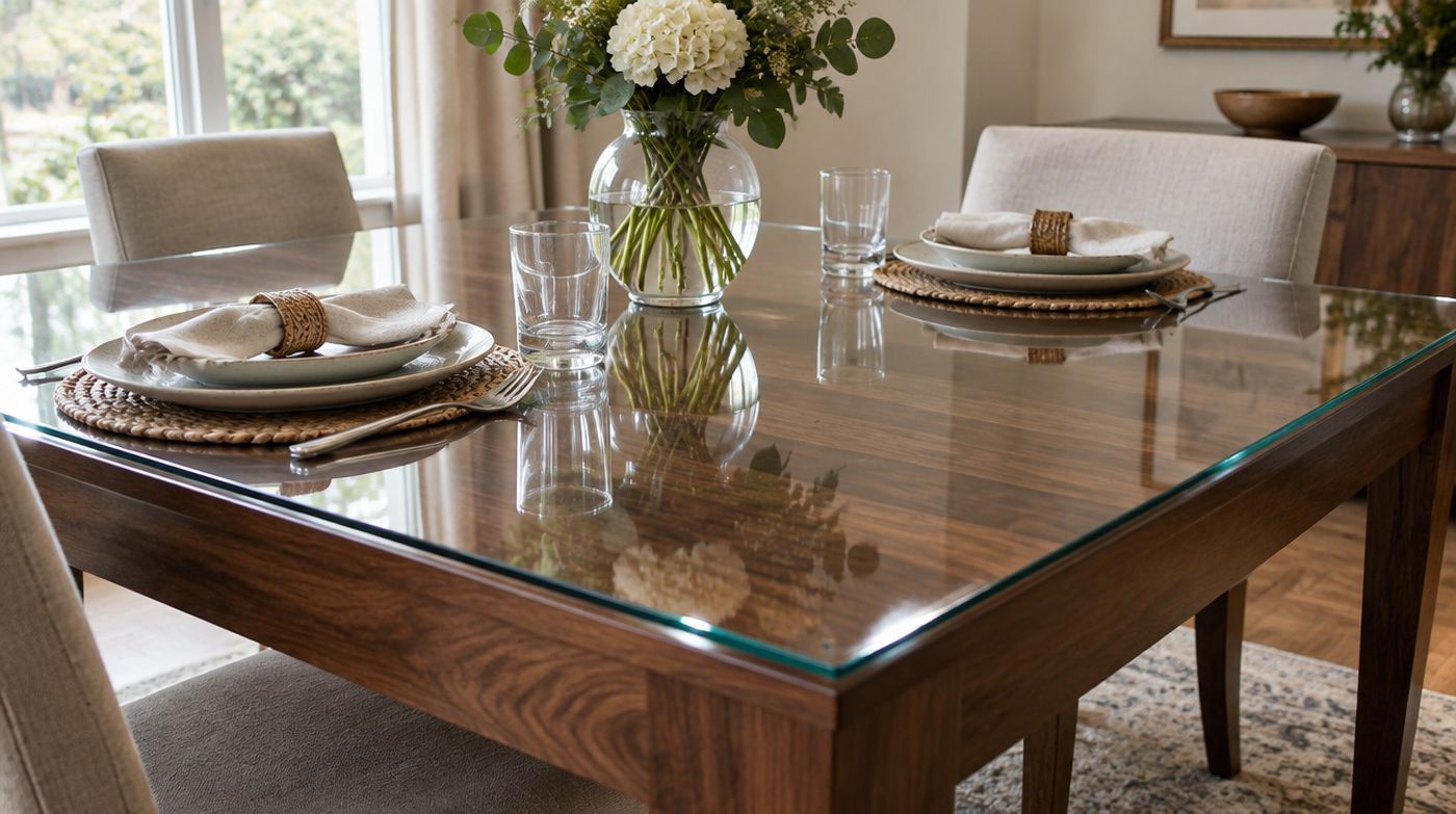 A clear glass protector top over a polished walnut dining table