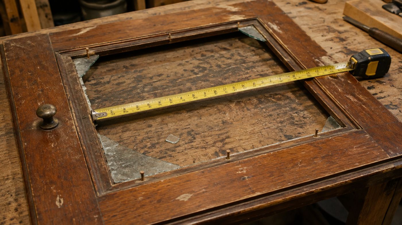 An old cabinet door with a broken and missing glass panel, a tape measure across the opening