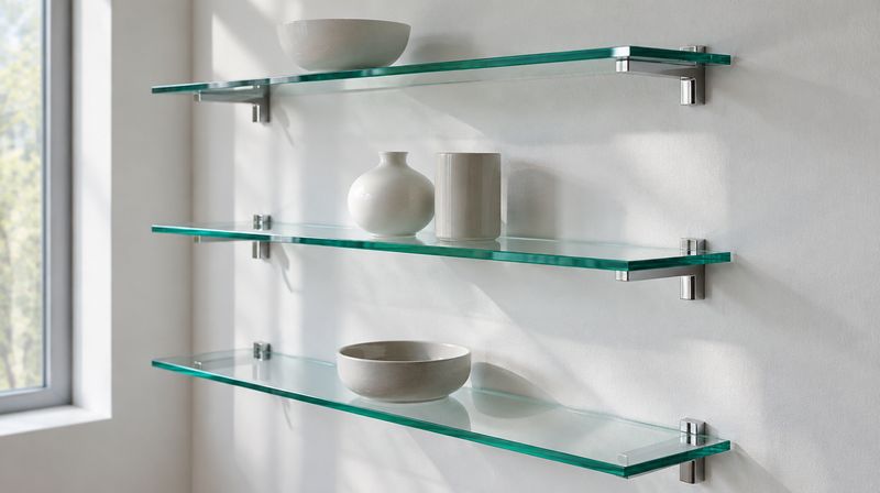 Toughened glass shelves with polished edges mounted on a wall on slim chrome brackets