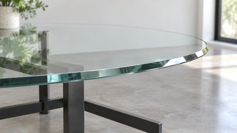 A round toughened glass table top with a polished bevelled edge on a dark metal base