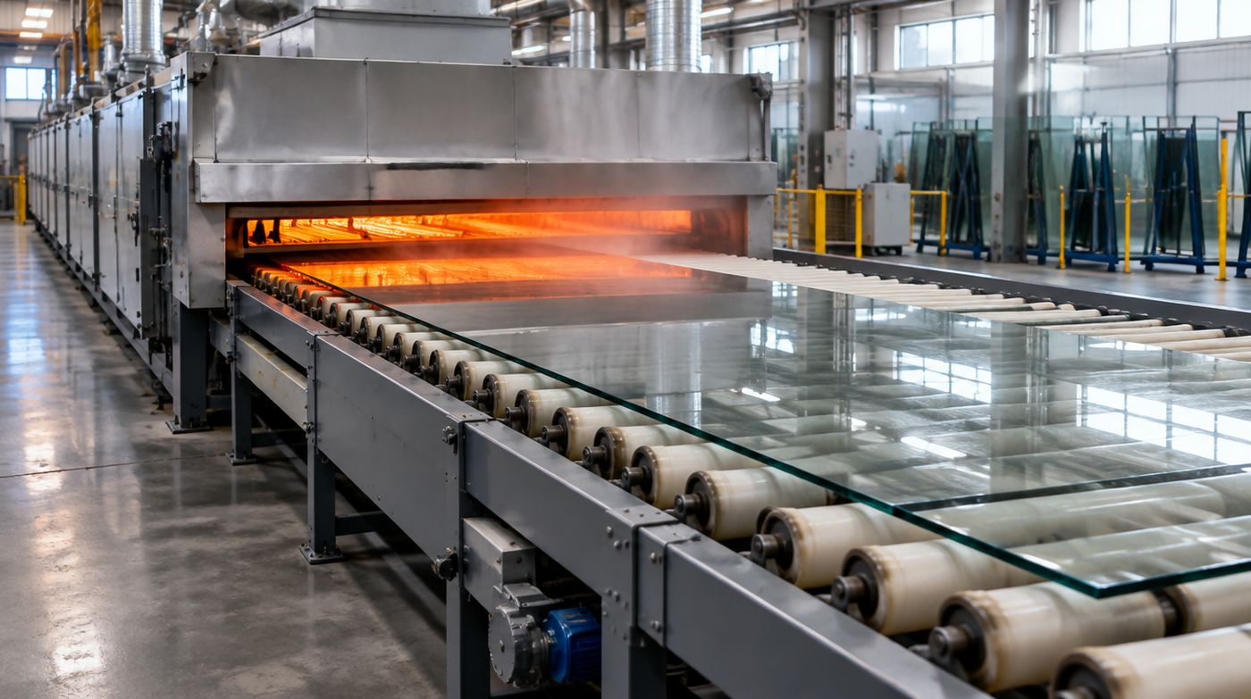 Panes of glass travelling on ceramic rollers out of a toughening furnace, with the trailing edge still glowing