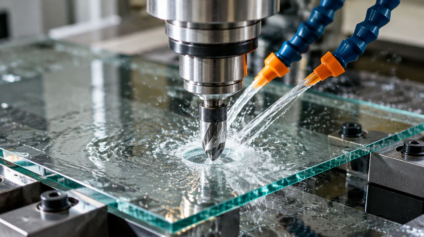 A CNC machine drilling a hole through a pane of glass with water cooling the drill